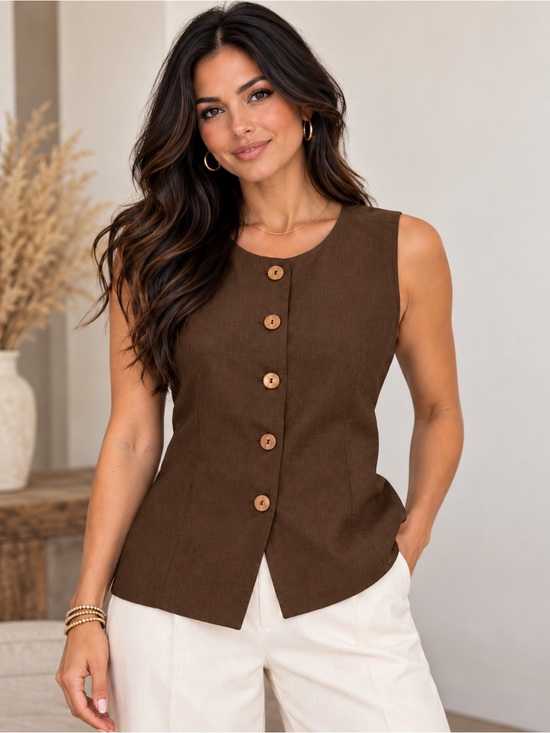 Zenana Outfitters Tops - 🤎 Zenana Sleeveless Button-Front Vest – Brown